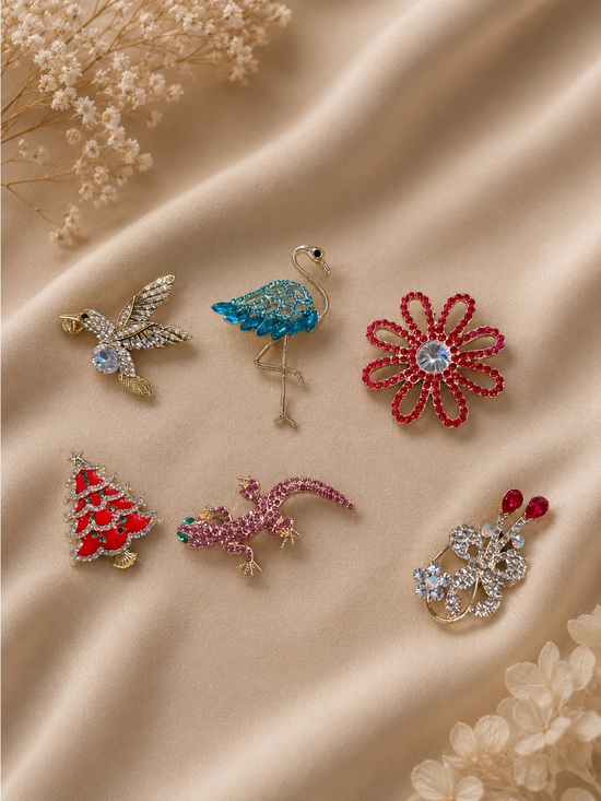 Jewelry - Set of 6 Assorted Women’s Crystal Animal & Floral Brooch Set